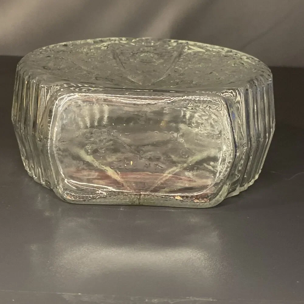 Pressed Cut Glass Liquor Whiskey Decanter Sun & Starburst Pattern 9.5” W/ Topper